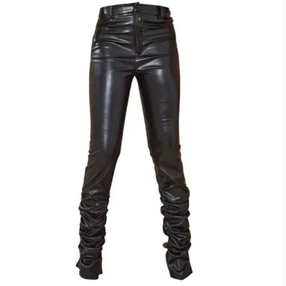 NEW! PrettyLittleThing Black High Rise Faux Leather Pants Ruched Hem  Sz 6 TALL